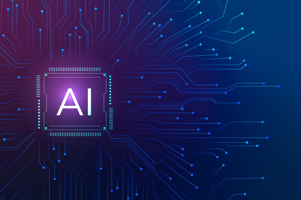 AI chip with blue and purple circuit connections